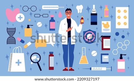 Pharmacy flat icons set with pharmacist and medical items vector illustration