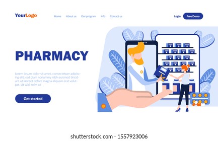 Pharmacy flat landing page template with header. Online drugstore, medicine mobile app web banner, homepage design. Internet ordering remedies vector illustration. Pharmaceutics, health concept