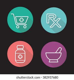 Pharmacy Flat Linear Long Shadow Icons Set. Shopping Cart With Cross, Rx Sign, Pills Bottle, Mortar And Pestle Icons. Drugstore Items. Pharmacy Store Logo Concepts. Vector Drugstore Illustrations