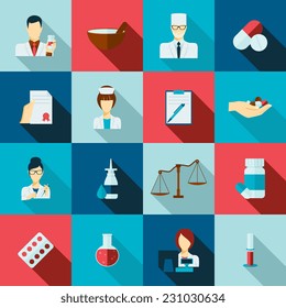 Pharmacy flat long shadow icons set with doctors avatars receipts and laboratory flasks isolated vector illustration