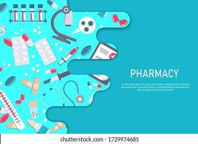 Pharmacy frame with pills, drugs, medical bottles. Drugstore vector flat illustration. Medicine and healthcare banner, poster background with copy space.