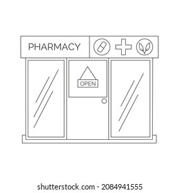 Ilustración vectorial del contorno frontal de la farmacia. Almacén de tambores aislado sobre fondo blanco. 