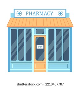 Pharmacy Front View Vector Illustration. Traditional Drugstore Building. Small Business, Retail Concept