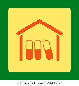 Pharmacy Garage vector icon. Style is flat rounded square button, orange and yellow colors, green background.