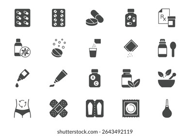 Pharmacy glyph icon set. Vector pictograms include icon - rx, effervescent pill, blister, sachet, bandage, capsule bottle black sign silhouette illustration for drug medication.