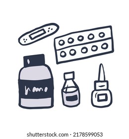 Productos de farmacia simples ilustraciones de vector a mano. Frascos de medicina, tabletas, diseño de farmacia en forma de doodle. Atención de la salud, diagnóstico, enfermedad, concepto de tema de la enfermedad, logotipo