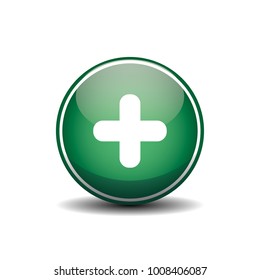 Pharmacy green cross circle button vector icon illustration. White background texture. 