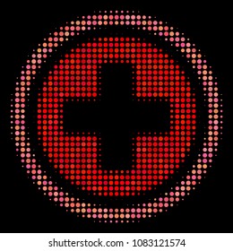Pharmacy halftone vector icon. Illustration style is dot iconic pharmacy symbol on a black background. Halftone structure is constructed of circle blots.