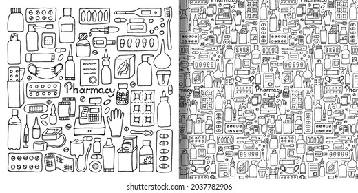 Conjunto de doodles dibujado a mano en farmacia y patrón sin fisuras