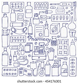 Pharmacy hand drawn elements. Medicament doodle set on squared paper
