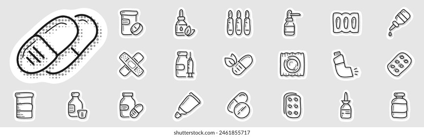 Pharmacy hand drawn retro pop art syle icon set. Pill, drug, medical, capsule, syringe, syrup, bottle etc.