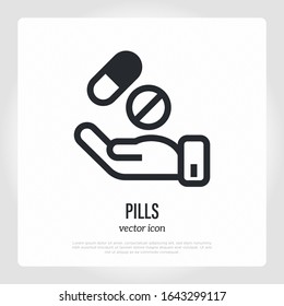 Pharmacy: hand with pills. Thin line icon. Drugs, vitamins, medicine, medical treatment. Healthcare and medical vector illustration.