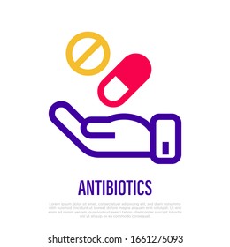 Apotheke: Hand mit Pillen. Dünne Linie Symbol. Antibiotika; Drogen; Vitamine; Medizin; medizinische Behandlung. Illustration zur Gesundheitsversorgung und medizinischen Vektorillustration.