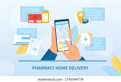 Pharmacy Home delivery app and order showing a person using a mobile phone to order medication with locality map , prescription and medical icons, colored vector illustration