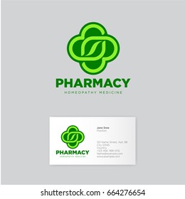 Pharmacy homeopathy logo. Green icon. Herbal Pharmacy emblem. Identity. Business card.