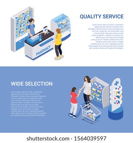 Pharmacy horizontal banners with wide selection and quality service isometric compositions vector illustration