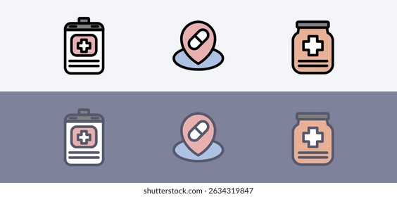 Pharmacy and hospital medical treatment symbol set - patient documents and pharmacy set.