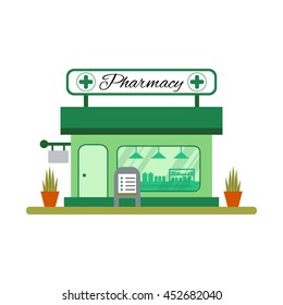 Pharmacy house icon in flat style. Drugstore vitrine - vector illustration.