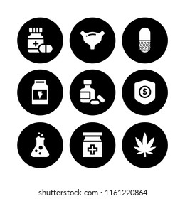 pharmacy icon. 9 pharmacy set with drug, premium, flask and pill vector icons for web and mobile app