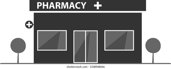 Pharmacy icon. Pharmacy building in gray tones isolated on a white background. Flat vector illustration of pharmacy.