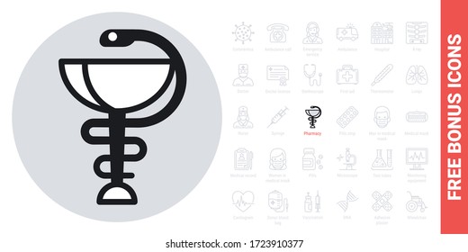 Pharmacy icon with caduceus symbol or hygieia bowl. Simple black and white version. Free bonus icons kit included