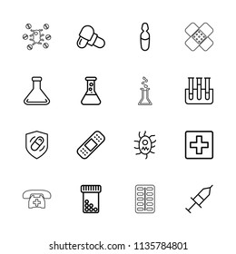Pharmacy icon. collection of 16 pharmacy outline icons such as plus, bottle pills, pill, bandage, test tube, medical ampoule. editable pharmacy icons for web and mobile.