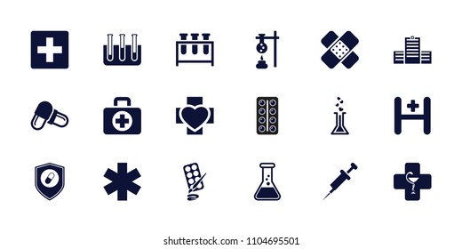 Pharmacy icon. collection of 18 pharmacy filled icons such as plus, test tube, pill, hospital, health insurance, paints, syringe. editable pharmacy icons for web and mobile.