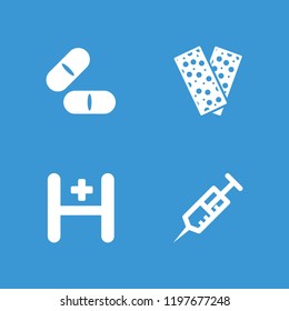 Pharmacy icon. collection of 4 pharmacy filled icons such as syringe, pill, bandage. editable pharmacy icons for web and mobile.