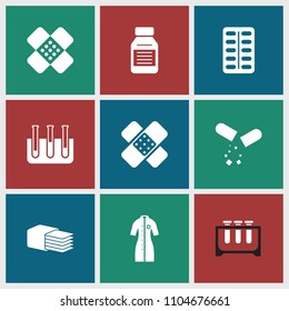 Pharmacy icon. collection of 9 pharmacy filled icons such as test tube, medicine, bandage, pill. editable pharmacy icons for web and mobile.