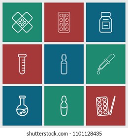 Pharmacy icon. collection of 9 pharmacy outline icons such as paints, test tube, medical ampoule, medicine, bandage, pipette. editable pharmacy icons for web and mobile.