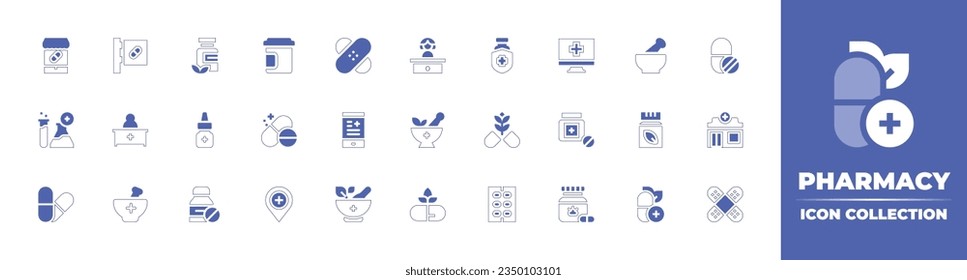 Pharmacy icon collection. Duotone style line stroke and bold. Vector illustration. Containing pharmacy, vitamins, pill jar, bandage, protection, online pharmacy, mortar, drugs, pharmacist, and more.