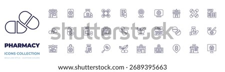 Pharmacy icon collection. Line style. Editable stroke. vitamin, placeholder, herbal, pharmacy, bandage, pills, search, natural medicine, capsule, drug.