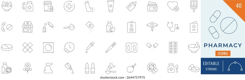 Pharmacy icon collection set. Editable stroke.