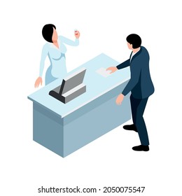 Pharmacy icon with customer and woman pharmacist holding bottle of pills isometric vector illustration