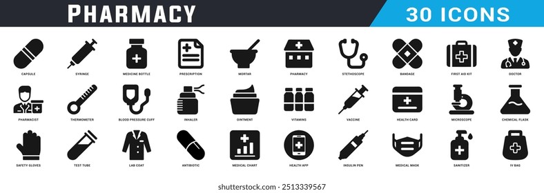 Pharmacy icon design set, Pharmacy black fill icons pack