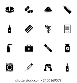 Pharmacy icon - Expand to any size - Change to any colour. Perfect Flat Vector Contains such Icons as vitamin, powder, refill, doctor, substance, syringe, painkiller, spray, nurse, steroids, dose