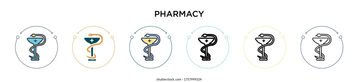 Pharmacy icon in filled, thin line, outline and stroke style. Vector illustration of two colored and black pharmacy vector icons designs can be used for mobile, ui, web