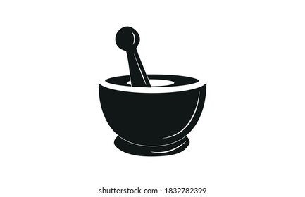 Pharmacy icon. Herbal pharmacy symbol in black on a white background. Linear illustration of mortar icon with bowl, ground spices, spice solution, condiments, spice bowl, ground spices.
