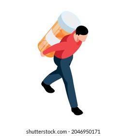 Pharmacy icon with isometric character carrying big bottle of pills vector illustration