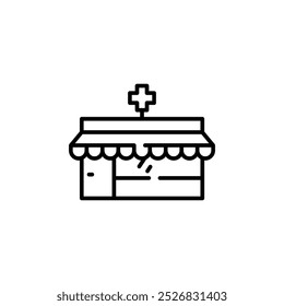 Ícone da farmácia. Ilustração de arte de linha mínima de uma loja de farmácia com um símbolo de cruz. Ideal para projetos médicos, de saúde e relacionados a produtos farmacêuticos. Ilustração vetorial