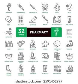 Pharmacy icon pack. The icons set of pharmacy include a syringe, a pharmaceutical, medications, herbal remedies, asthma inhaler, body cream, medical mask