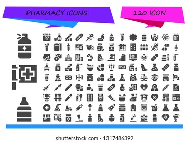 pharmacy icon set. 120 filled pharmacy icons.  Collection Of - Medicine, Eye drops, Red cross, Drug, Syrup, Eyedropper, Bandage, Needle, Inhaler, Eye dropper, Vial, Clinic, Proteins