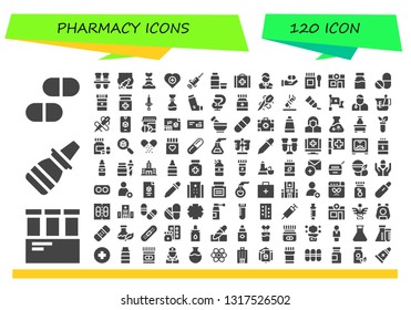 pharmacy icon set. 120 filled pharmacy icons.  Simple modern icons about  - Pills, Test tube, Nasal spray, Test tubes, Injection, Flask, Health, Syringe, Syrup, Veterinary, Pharmacist