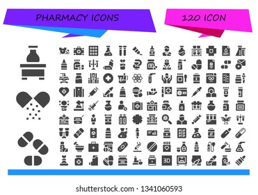 pharmacy icon set. 120 filled pharmacy icons.  Simple modern icons about  - Flask, Pills, Medicine, Medical kit, Drugs, Test tubes, Tube, Pharmacist, Chemical, Veterinary, Blood test