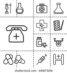 Pharmacy icon. set of 13 outline pharmacyicons such as paints, syringe, pill, medicine, hospital, medical phone, test tube, pharmacy, medical drone