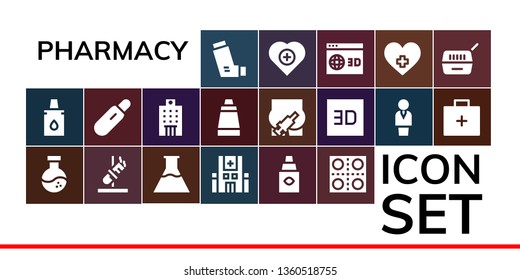 pharmacy icon set. 19 filled pharmacy icons.  Collection Of - Inhaler, Eyedropper, Flask, Test tube, Flasks, Hospital, Eye dropper, Pills, Pregnancy test, Ointment, Injection