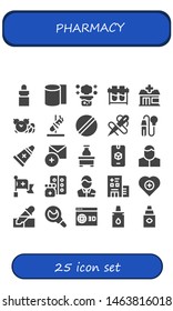 pharmacy icon set. 25 filled pharmacy icons.  Collection Of - Eye dropper, Bandages, Chemical reaction, Test tubes, Pharmacy, Pills, Test tube, Pill, Needle, Pipette, Ointment