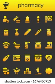 pharmacy icon set. 26 filled pharmacy icons.  Simple modern icons such as: Add, Pharmacy, Test tube, Ointment, Syringe, Red cross, Proteins, Flask, Eyedropper, Medicine, Scientist