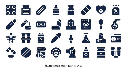 pharmacy icon set. 32 filled pharmacy icons. on blue background style Simple modern icons about  - Pills, Pregnancy test, Caduceus, Medicine, Test tube, Test tubes, Pill, Bandage