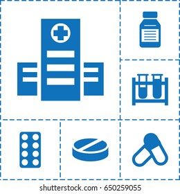 Pharmacy icon. set of 6 pharmacy filled icons such as hospital, test tube, pill